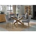 Bentley Designs Cannes Clear Glass 4 Seater Dining Table With Light Oak Legs & 4 Cezanne Grey Velvet Fabric Chairs With Matt Gold Plated Legs