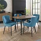 Bentley Designs Rhoka Weathered Oak 4 Seater Dining Table With Peppercorn Legs & 4 Cezanne Petrol Blue Velvet Fabric Chairs With Black Legs