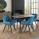 Bentley Designs Rhoka Weathered Oak 4 Seater Dining Table With Peppercorn Legs & 4 Dali Petrol Blue Velvet Fabric Chairs With Black Legs