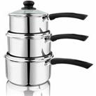 Penguin Home Stainless Steel Saucepans With Glass Lids And Heat Resistant Bakelite Handles Set Of 3
