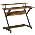 HOMCOM Industrial Style Computer Desk With Elevated Shelf 100Cm Rustic Wood Finish