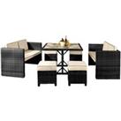 Comfy Living 7Pc Rattan Garden Patio Furniture Set - 2 Sofas 4 Stools & Dining Table - Black