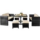 Comfy Living 7Pc Rattan Garden Patio Furniture Set - 2 Sofas 4 Stools & Dining Table With Waterproof Cover - Black