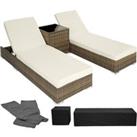 Tectake 2 Rattan Sunloungers And Table With Protective Cover - Cream