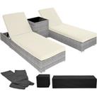 Tectake 2 Rattan Sunloungers And Table With Protective Cover - Grey
