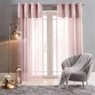 Sienna Pair Of Crushed Velvet Panel Lace Voile Net Curtain Textured Eyelet Ring Top Blush Pink Panels - 55 Wide X 87 Drop
