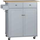 HOMCOM Rolling Kitchen Island Utility Serving Cart With Rubber Wood Top - Grey