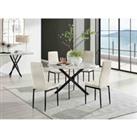 Furniture Box Novara White Marble Black Leg 120Cm Round Dining Table and 4 Cream Velvet Milan Black Leg Chairs