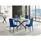 Furniture Box Novara White Marble Black Leg 120Cm Round Dining Table and 4 Navy Velvet Milan Black Leg Chairs