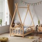 Livingandhome Kid s Premium Wood House Bed Frame With Fence Brown