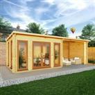 Mercia 7m x 3m Studio Pent Log Cabin With Patio Area (44mm) - Oak UPVC Windows & Doors