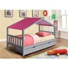 SleepOn 3ft Wooden Storage House Bed In Grey With Pink Tent