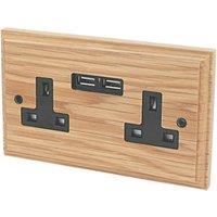 Varilight 13AX 2-Gang Unswitched Socket + 2.1A 10.5W 2-Outlet Type A USB Charger Classic Oak with Black Inserts (1001H)