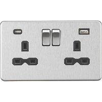 Knightsbridge 13A 2-Gang SP Switched Socket + 4.0A 20W 2-Outlet Type A & C USB Charger Brushed Chrome with Black Inserts (111PX)