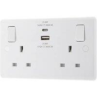 LAP 13A 2-Gang SP Switched Socket + 3A 22W 2-Outlet Type A & C USB Charger White (113PN)