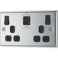 LAP 13A 2-Gang SP Switched Socket + 3A 22W 2-Outlet Type A & C USB Charger Polished Chrome with Black Inserts (124PN)