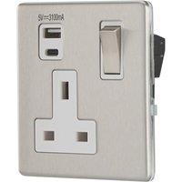 Contactum Lyric 13A 1-Gang DP Switched Socket + 3.1A 15.5W 1-Outlet Type A & C USB Charger Brushed Stainless Steel with White Inserts (129RP)