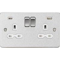 Knightsbridge 13A 2-Gang SP Switched Socket + 4.0A 20W 2-Outlet Type A & C USB Charger Brushed Chrome with White Inserts (138PY)