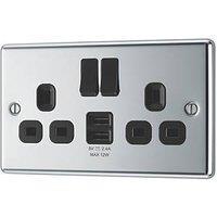 LAP 13A 2-Gang SP Switched Socket + 2.4A 12W 2-Outlet Type A USB Charger Polished Chrome with Black Inserts (143PN)