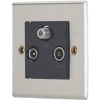 Contactum iConic 1-Gang Coaxial TV / FM & Satellite Socket Brushed Steel with Black Inserts (154RP)