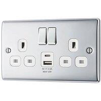 British General Nexus Metal 13A 2-Gang SP Switched Socket + 2.4A 12W 2-Outlet Type A & C USB Charger Polished Chrome with White Inserts (164PM)