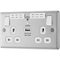 LAP 13A 2-Gang SP Switched Wi-Fi Extender + 2.1A 10.5W 1-Outlet Type A USB Charger Brushed Steel with White Inserts (170FV)