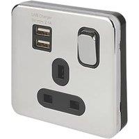 Schneider Electric Lisse Deco 13A 1-Gang SP Switched Socket + 2.1A 10.5W 2-Outlet Type A USB Charger Polished Chrome with Black Inserts (175FF)