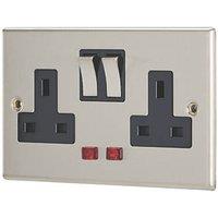 Contactum Iconic 13A 2-Gang DP Switched Socket Outlet Brushed Steel with Neon with Black Inserts (175RP)