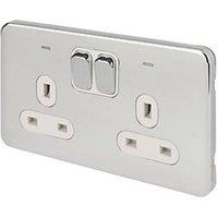 Schneider Electric Lisse Deco 13A 2-Gang DP Switched Plug Socket Polished Chrome with LED with White Inserts (195FF)