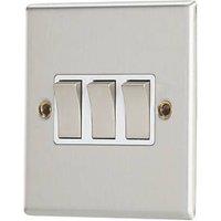 Contactum iConic 10AX 3-Gang 2-Way Light Switch Brushed Steel with White Inserts (195RP)