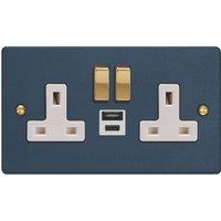 Varilight 13A 2-Gang 1P+N Switched Socket + 4A 20W 2-Outlet Type A & C USB Charger Midnight Blue with White Inserts (218YT)
