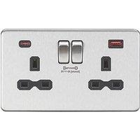 Knightsbridge 13A 2-Gang DP Switched Socket + 4.0A 18W 2-Outlet Type A & C USB Charger Brushed Chrome with Black Inserts (224TY)