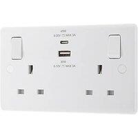 LAP 13A 2-Gang SP Switched Socket + 3A 45W 2-Outlet Type A & C USB Charger White (246PN)