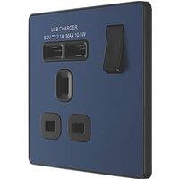 British General Evolve 13A 1-Gang SP Switched Socket + 2.1A 10.5W 2-Outlet Type A USB Charger Blue with Black Inserts (250RF)
