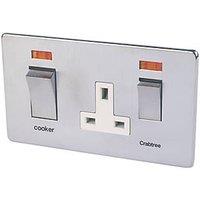 Crabtree Platinum 45A 2-Gang DP Cooker Switch & 13A DP Switched Socket Satin Chrome with Neon with White Inserts (25261)