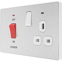 British General Evolve 45A 2-Gang 2-Pole Cooker Switch & 13A DP Switched Socket Brushed Steel with LED with White Inserts (255PX)