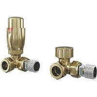 ETAL Danva 15mm x 1/2" Brushed Brass Corner Modern Thermostatic Radiator Valve & Lockshield (258RT)