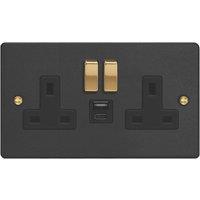 Varilight 13A 2-Gang 1P+N Switched Socket + 4A 20W 2-Outlet Type A & C USB Charger Matt Black with Black Inserts (264YT)
