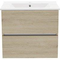 Newland Double Drawer Wall-Mounted Vanity Unit with Basin Effect Natural Oak 600mm x 450mm x 540mm (265RN)