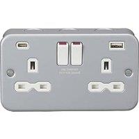 Knightsbridge 13A 2-Gang SP Switched Metal Clad Socket + 4.0A 20W 2-Outlet Type A & C USB Charger with White Inserts (283PY)