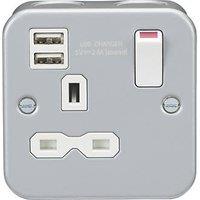 Knightsbridge 13A 1-Gang SP Switched Metal Clad Socket + 2.4A 12W 2-Outlet Type A USB Charger with White Inserts (284VF)