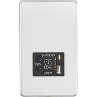 Knightsbridge 2-Gang Single Voltage Shaver Socket+ 2.4A 12W 2-Outlet Type A & C USB Charger 230V Polished Chrome with Black Inserts (310PY)