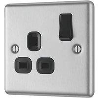 LAP 13A 1-Gang SP Switched Plug Socket Brushed Stainless Steel with Black Inserts (3234C)