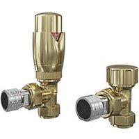 ETAL Danva 15mm x 1/2" Brushed Brass Angled Modern Thermostatic Radiator Valve & Lockshield (344RT)