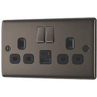 British General Nexus Metal 13A 2-Gang SP Switched Socket + 2.4A 12W 2-Outlet Type A & C USB Charger Black Nickel with Black Inserts (352PM)