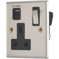 Contactum iConic 13A 1-Gang DP Switched Socket + 3.1A 15.5W 1-Outlet Type A & C USB Charger Brushed Stainless Steel with Black Inserts (363RR)