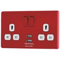 Arlec 13A 2-Gang SP Switched Socket + 4A 15W 2-Outlet Type A USB Charger Red with White Inserts (363RU)