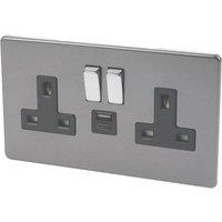 Varilight 13A 2-Gang 1P+N Switched Socket + 4A 20W 2-Outlet Type A & C USB Charger Slate Grey with Black Inserts (375YT)