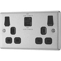 LAP 13A 2-Gang SP Switched Socket + 3A 45W 2-Outlet Type A & C USB Charger Brushed Steel with Black Inserts (382PN)