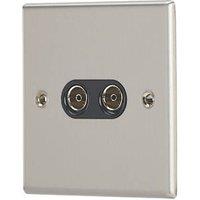 Contactum iConic 2-Gang Female Coaxial TV Socket Brushed Steel with Black Inserts (387RR)